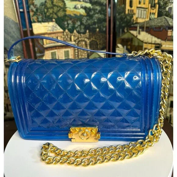 Blue Jelly Shoulder Bag With Chain Strap - Picture 8 of 13